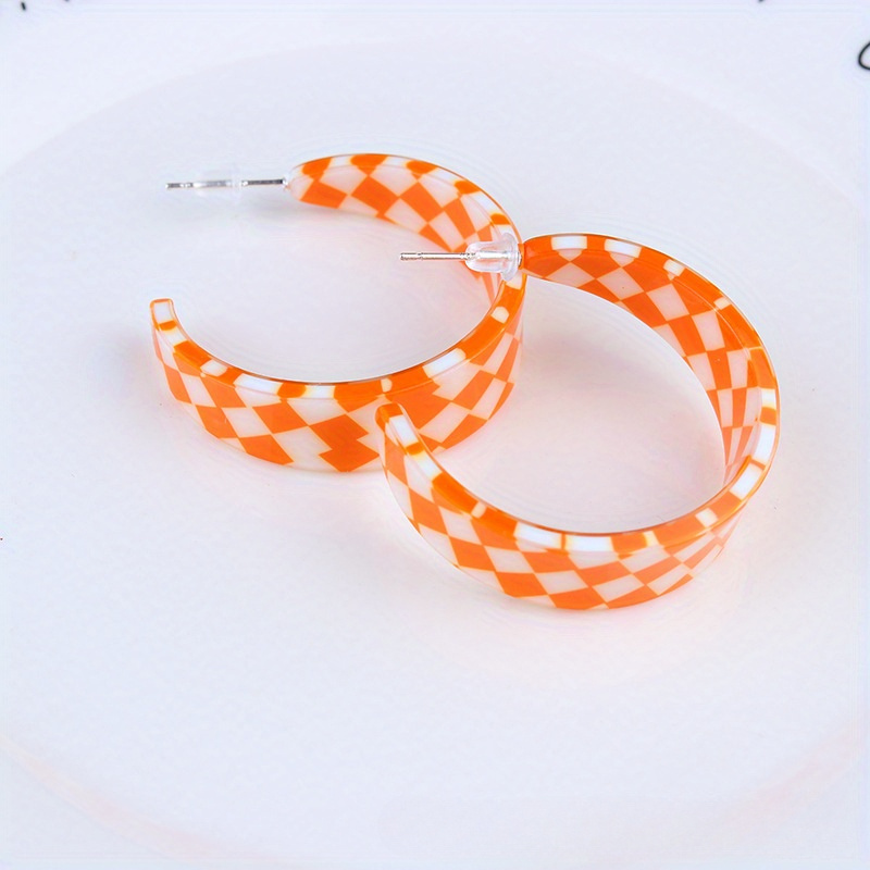 Vintage Boho Checkerboard C Hoop Earrings Stainless Steel Acrylic Posts